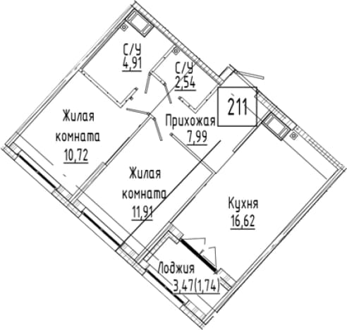 . Вариант № 2023490, 0, площадь - 54.69 квм, цена 13672000 рублей