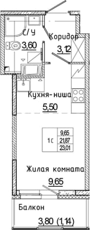 . Вариант № 1814982, 0, площадь - 21.87 квм, цена 3961545 рублей