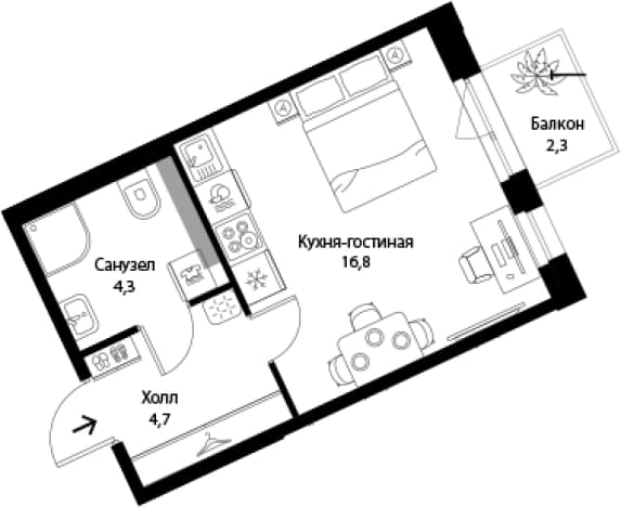 . Вариант № 1863722, 0, площадь - 25.8 квм, цена 6477660 рублей
