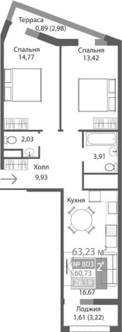 . Вариант № 2125581, 0, площадь - 60.73 квм, цена 10127233 рублей