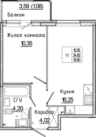 . Вариант № 2340838, 0, площадь - 34.82 квм, цена 6854315 рублей