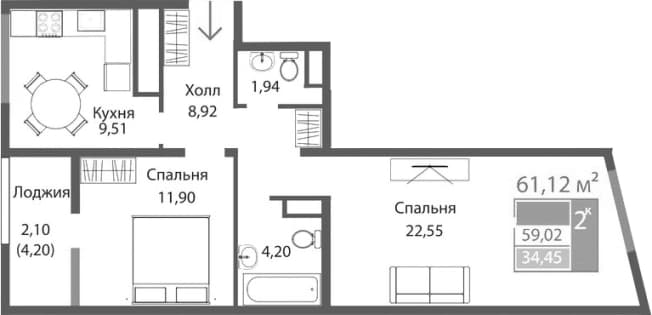 . Вариант № 2125602, 0, площадь - 59.02 квм, цена 9699072 рублей