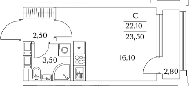 . Вариант № 1875988, 0, площадь - 22.1 квм, цена 7030046 рублей