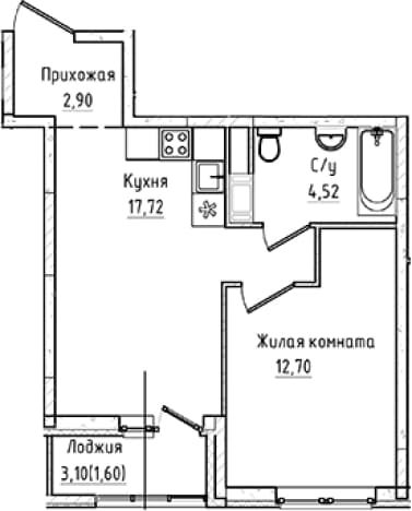 . Вариант № 1864690, 0, площадь - 37.84 квм, цена 5384222 рублей