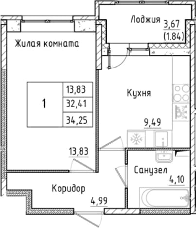 . Вариант № 1814272, 0, площадь - 32.41 квм, цена 6464570 рублей