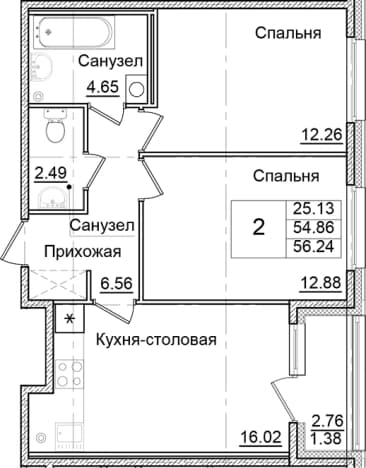 . Вариант № 2007943, 0, площадь - 54.86 квм, цена 9981173 рублей