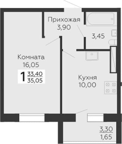 . Вариант № 1833300, 0, площадь - 33.4 квм, цена 5289045 рублей