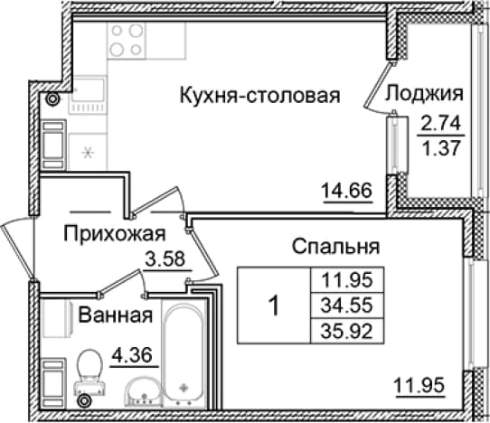 . Вариант № 1826503, 0, площадь - 34.55 квм, цена 6930335 рублей