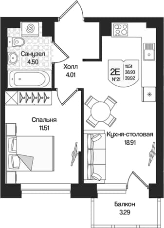 . Вариант № 1848679, 0, площадь - 38.93 квм, цена 9672842 рублей