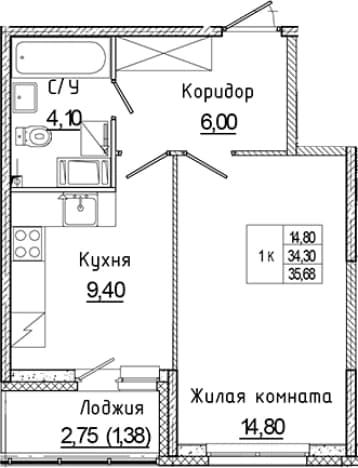 . Вариант № 2044708, 0, площадь - 34.3 квм, цена 5702051 рублей