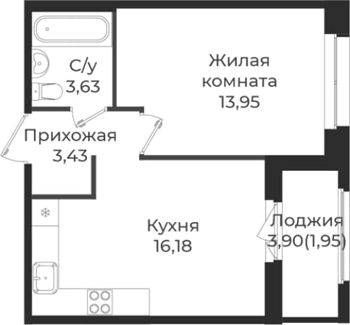 . Вариант № 1839118, 0, площадь - 37.19 квм, цена 6076485 рублей