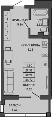 . Вариант № 2154418, 0, площадь - 29.32 квм, цена 12273341 рублей