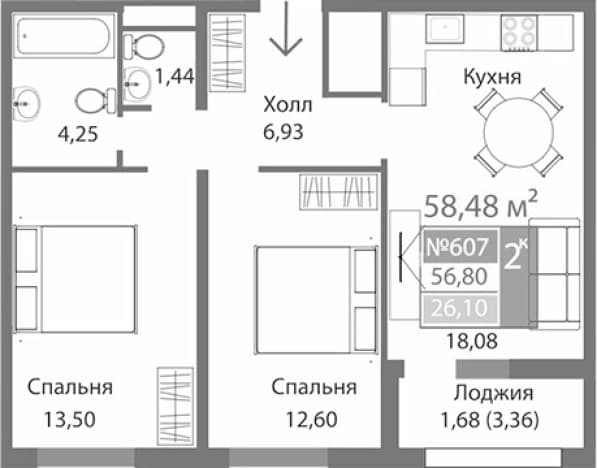 . Вариант № 2195152, 0, площадь - 56.8 квм, цена 9330309 рублей