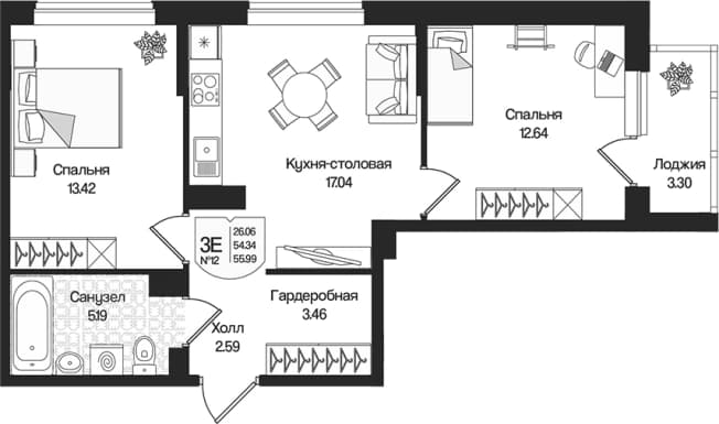 . Вариант № 1848641, 0, площадь - 54.34 квм, цена 13499198 рублей