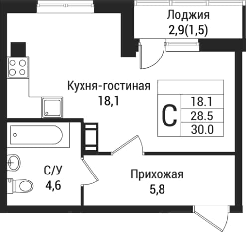 . Вариант № 1864542, 0, площадь - 28.5 квм, цена 4753800 рублей