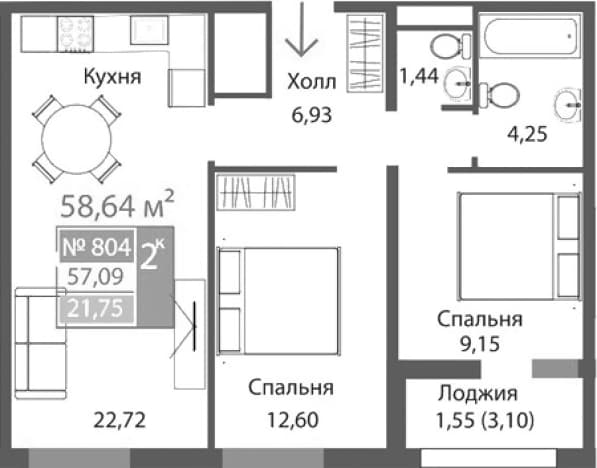 . Вариант № 2125582, 0, площадь - 57.09 квм, цена 9348506 рублей
