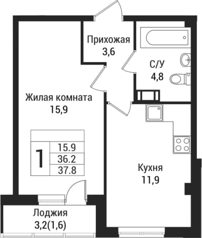 . Вариант № 1864533, 0, площадь - 36.2 квм, цена 5232600 рублей