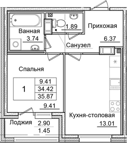. Вариант № 1826930, 0, площадь - 34.42 квм, цена 6899274 рублей
