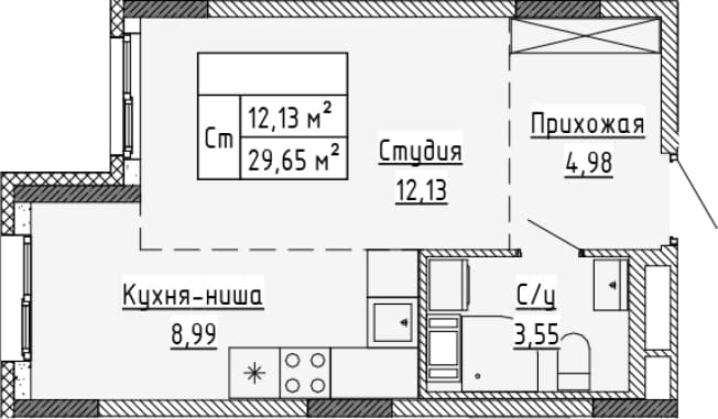 . Вариант № 1815180, 0, площадь - 29.65 квм, цена 4718220 рублей
