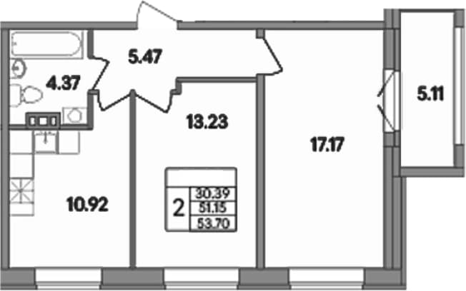 . Вариант № 2023648, 0, площадь - 51.14 квм, цена 8862150 рублей