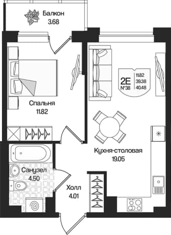 . Вариант № 1848690, 0, площадь - 39.38 квм, цена 9759734 рублей