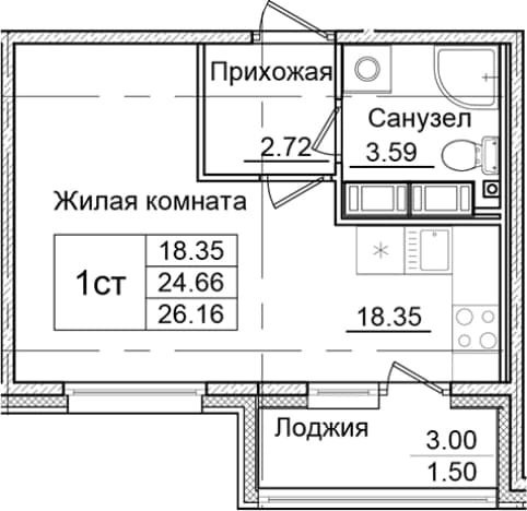 . Вариант № 1826656, 0, площадь - 24.66 квм, цена 4970400 рублей