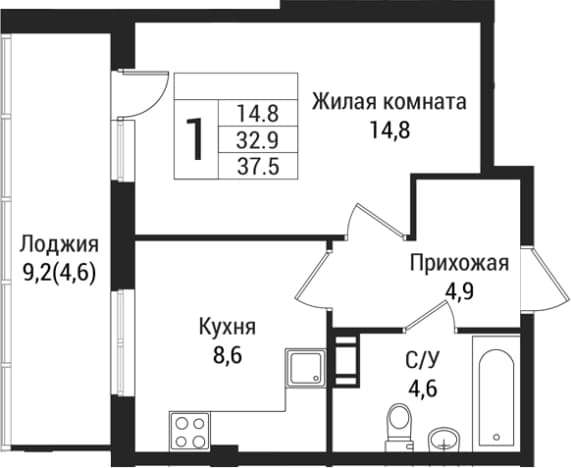 . Вариант № 1864582, 0, площадь - 32.9 квм, цена 5436600 рублей