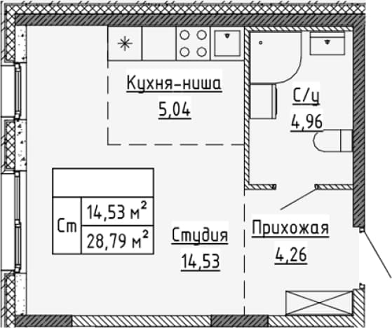 . Вариант № 1815172, 0, площадь - 28.79 квм, цена 4576200 рублей