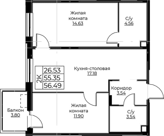 . Вариант № 1871446, 0, площадь - 55.35 квм, цена 11172127 рублей