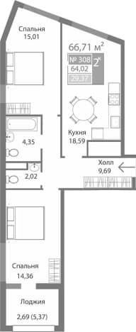 . Вариант № 2125423, 0, площадь - 64.02 квм, цена 9539530 рублей