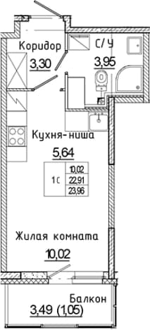 . Вариант № 1814699, 0, площадь - 22.91 квм, цена 4849146 рублей