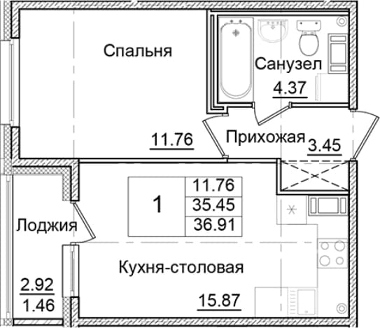 . Вариант № 2007841, 0, площадь - 35.45 квм, цена 6749090 рублей