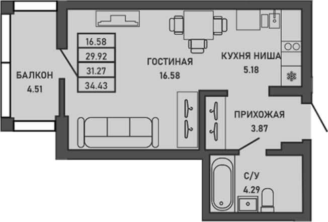 . Вариант № 2154434, 0, площадь - 29.77 квм, цена 11818262 рублей