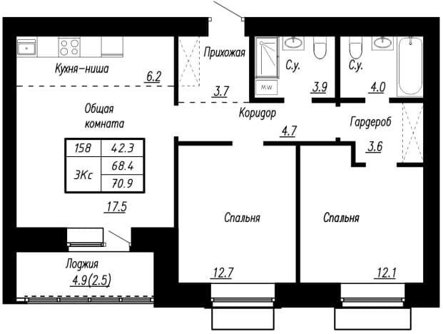 . Вариант № 2226695, 0, площадь - 70.9 квм, цена 8933400 рублей