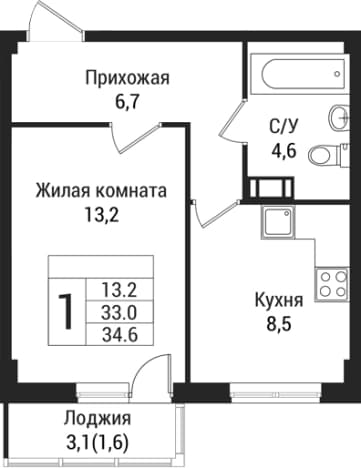 . Вариант № 1864639, 0, площадь - 33 квм, цена 4644400 рублей