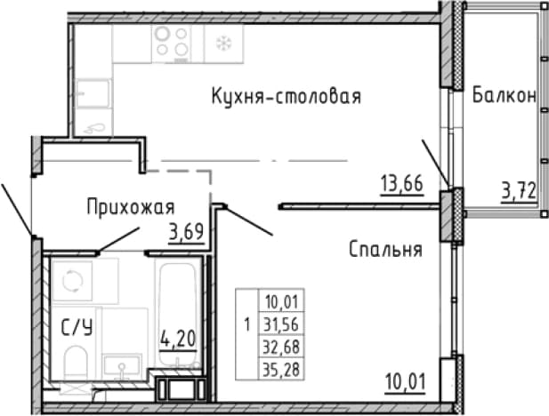 . Вариант № 1878454, 0, площадь - 28.96 квм, цена 10042564 рублей