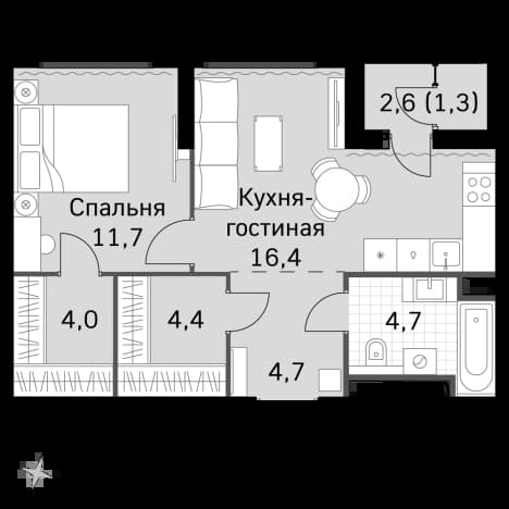 . Вариант № 1247493, 0, площадь - 47.2 квм, цена 25393600 рублей