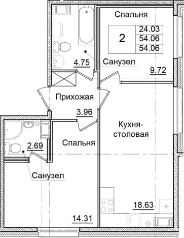 . Вариант № 2261414, 0, площадь - 54.06 квм, цена 9838921 рублей