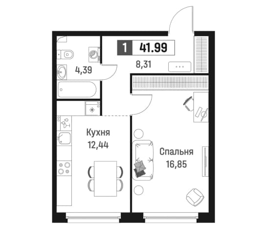. Вариант № 1835220, 0, площадь - 41.99 квм, цена 8784589 рублей