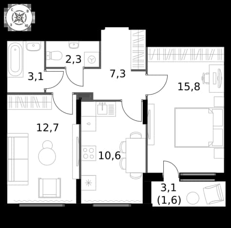 . Вариант № 2206683, 0, площадь - 53.4 квм, цена 15977280 рублей