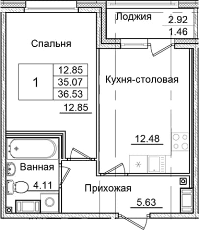 . Вариант № 1826775, 0, площадь - 35.07 квм, цена 6889300 рублей