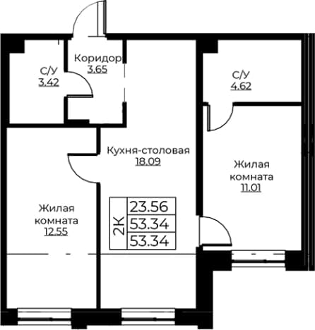 . Вариант № 1871007, 0, площадь - 53.34 квм, цена 9493187 рублей