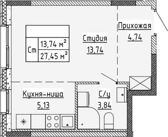 . Вариант № 1815179, 0, площадь - 27.45 квм, цена 4402620 рублей