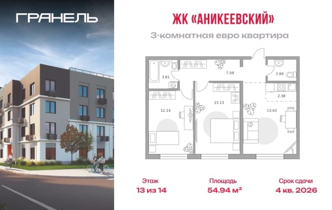 . Вариант № 2202546, 0, площадь - 54.94 квм, цена 11772857 рублей