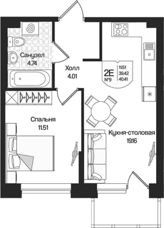 . Вариант № 1848660, 0, площадь - 39.42 квм, цена 9742857 рублей