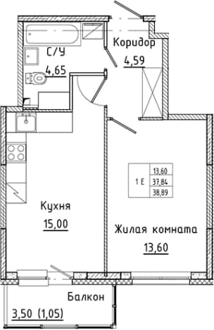 . Вариант № 1814785, 0, площадь - 37.84 квм, цена 7563968 рублей