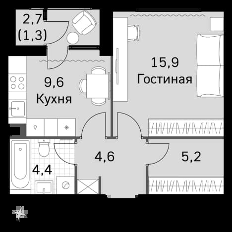 . Вариант № 2339625, 0, площадь - 38.8 квм, цена 23047200 рублей