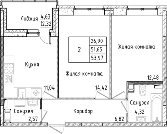 . Вариант № 1814524, 0, площадь - 51.65 квм, цена 10546383 рублей