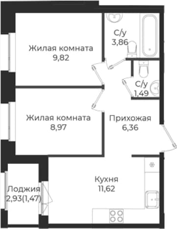 . Вариант № 1839232, 0, площадь - 42.12 квм, цена 7375428 рублей