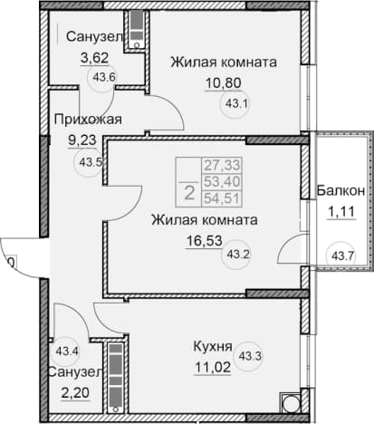 . Вариант № 2130040, 0, площадь - 53.44 квм, цена 9849600 рублей